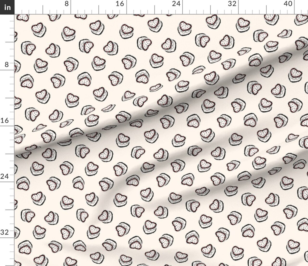 Valentine'S Day Monochrome Retro Black Red Cherries Hearts Cake Vintage Love Party Novelty Custom Printed Fabric by Spoonflower Various Fabrics by the Yard or Fat Quarter